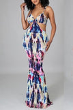 Sexy Print Hollowed Out Split Joint Spaghetti Strap Trumpet Mermaid Dresses