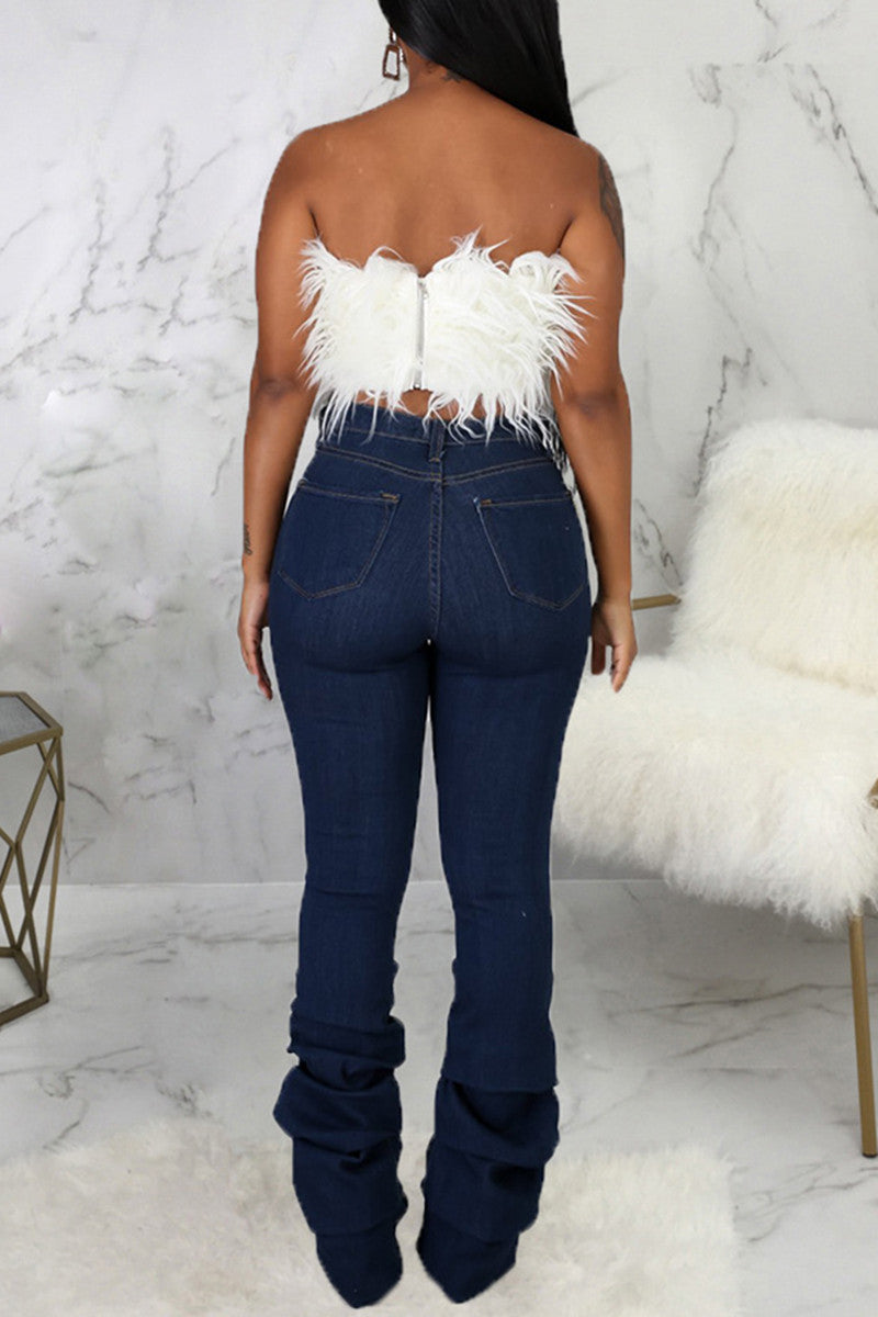 Fashion Casual Solid Ripped Fold High Waist Regular Denim Jeans