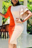 Fashion Stitching Irregular Sleeve Belt Orange Dress