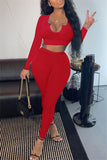 Fashion Casual Solid Basic V Neck Long Sleeve Two Pieces