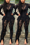 Fashion Sexy Adult Lace Solid Split Joint See-through O Neck Skinny Jumpsuits