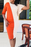 Fashion Stitching Irregular Sleeve Belt Orange Dress