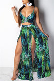 Fashion Sexy Print Backless Slit V Neck Sleeveless Two Pieces