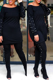 Fashion Casual Patchwork Beading O Neck Plus Size Two Pieces