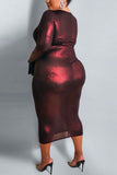 Fashion Long Sleeve Wine Red Plus Size Dress
