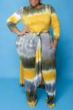 Casual Patchwork Tie-dye O Neck Plus Size Two Pieces