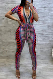 Fashion Printing Red Short Sleeve Jumpsuit