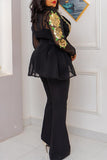 Fashion Casual Figure Gradual Change Patchwork Sequins See-through Turndown Collar Plus Size Three-piece Set