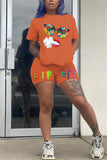 Fashion Letter Printed T-shirt Shorts Orange Casual Set