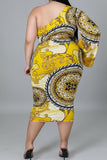 Bohemian Print Hollowed Out Split Joint Asymmetrical Oblique Collar One Step Skirt Plus Size Dresses