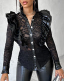 Buttoned Ruffles PU Leather Lace Patchwork Top