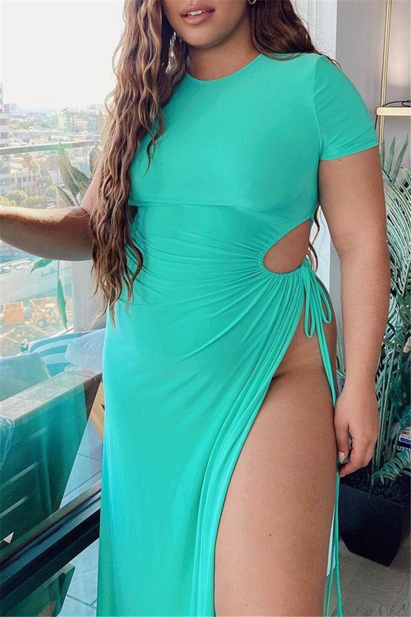 Fashion Sexy Plus Size Solid Hollowed Out Slit O Neck Short Sleeve Dress