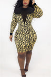 Fashion Sexy Mesh Patchwork Leopard Long-Sleeved Dress