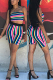 Sexy Striped Printing Strapless Top Shorts Multicolor Set