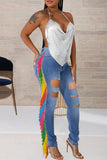 Fashion Casual Patchwork Tassel Ripped High Waist Regular Jeans
