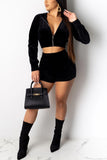 Fashion Casual Hooded Black Zipper Two-piece Set