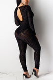 Sexy Hollow Mesh Perspective Shoulder Long Sleeve Jumpsuit