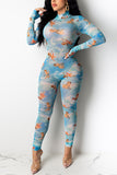 Sexy Mesh Perspective Blue Printed Jumpsuit