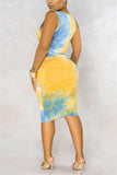Sexy Printed Sleeveless Top Skirt Yellow Slim Set