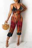 Sexy Casual Print Tie Dye Hollowed Out Backless V Neck Regular Jumpsuits
