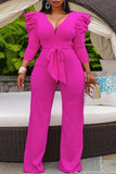 Fashion Casual Solid Basic V Neck Plus Size Long Sleeve Jumpsuits