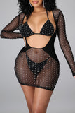 Sexy Patchwork Hot Drilling Hollowed Out See-through Long Sleeve Dress Three-piece Set
