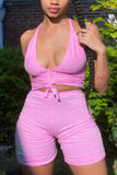 Fashion Sexy Suspender Top Pink Shorts Set