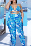 Sexy Print Split Joint Flounce Halter Plus Size Swimwear