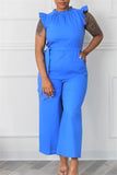 Casual Simplicity Solid Flounce Fold With Belt Mandarin Collar Straight Jumpsuits