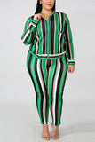 Fashion Casual Plus Size Green Stripe Two Piece Suit