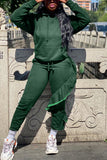 Casual Irregular Pants Hooded Dark Green Two Piece Suit