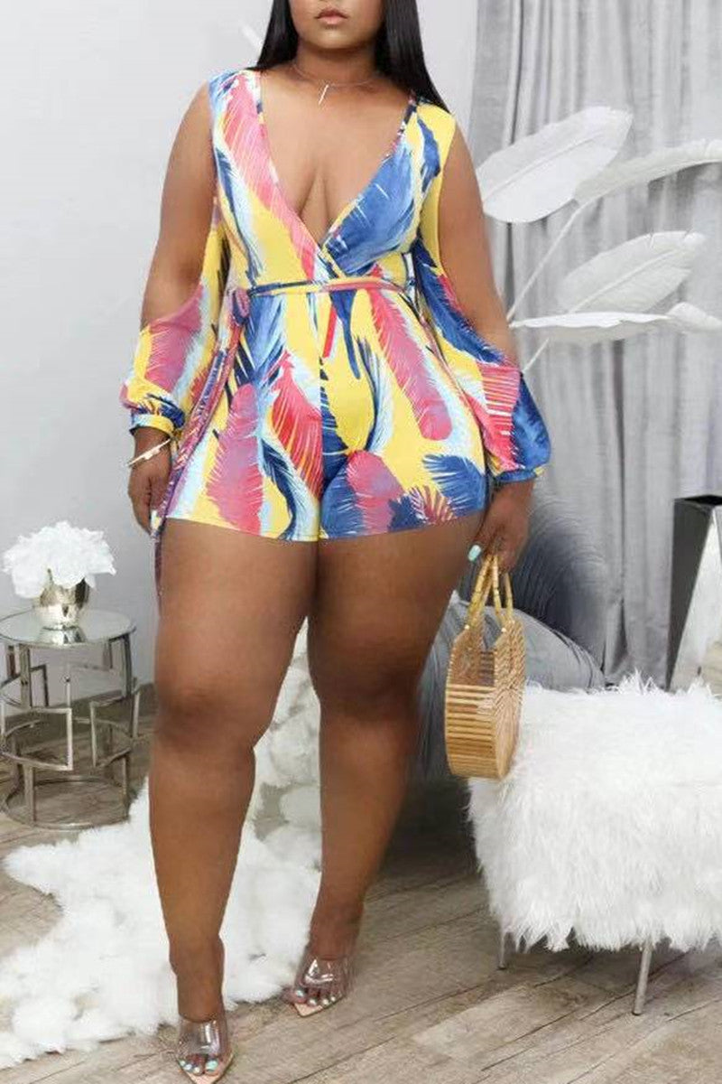 Fashion Casual Print Hollowed Out V Neck Plus Size Romper