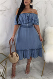 Fashion Casual Off The Shoulder Short Sleeve Bateau Neck A Line Mid Calf Solid Dresses