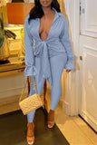 Casual Solid Bandage Split Joint Turndown Collar Long Sleeve Two Pieces