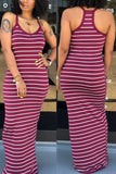 Sexy Fashion Spaghetti Strap Sleeveless Slip Step Skirt Floor-Length Striped Casual Dress