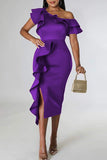 Elegant Solid Patchwork Flounce Oblique Collar Evening Dress Dresses