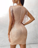 Tassel Design Short Sleeve Sequins Dress