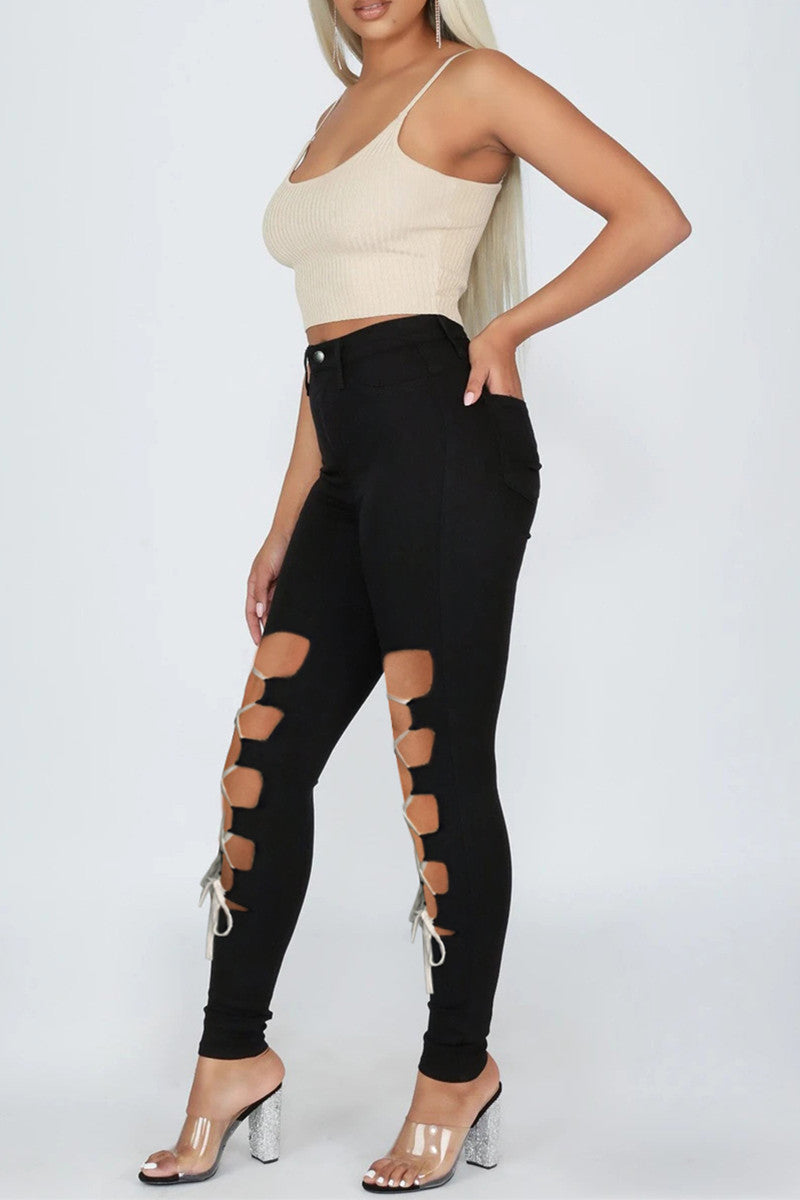 Fashion Sexy Solid Hollowed Out Strap Design High Waist Skinny Jeans