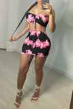 Sexy Print Bandage Split Joint Strapless Sleeveless Two Pieces