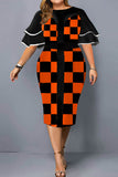 Casual Print Patchwork Flounce O Neck One Step Skirt Plus Size Dresses
