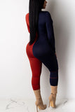 Fashion Stitching Zipper Red Blue Long Sleeve Jumpsuit