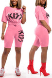 Fashion Letter Printed T-shirt Pink Casual Set
