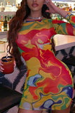 Fashion Printing Long Sleeve Colorful Dress