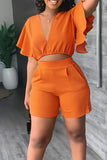 Casual Solid Split Joint Flounce V Neck Short Sleeve Two Pieces