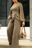 Casual Solid Split Joint Draw String Fold Half A Turtleneck Straight Jumpsuits