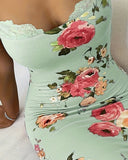 Lace Trim Spaghetti Strap Floral Print Dress