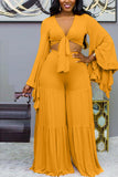 Sexy Solid Ruffled Large Bell Sleeve Two-Piece Suit