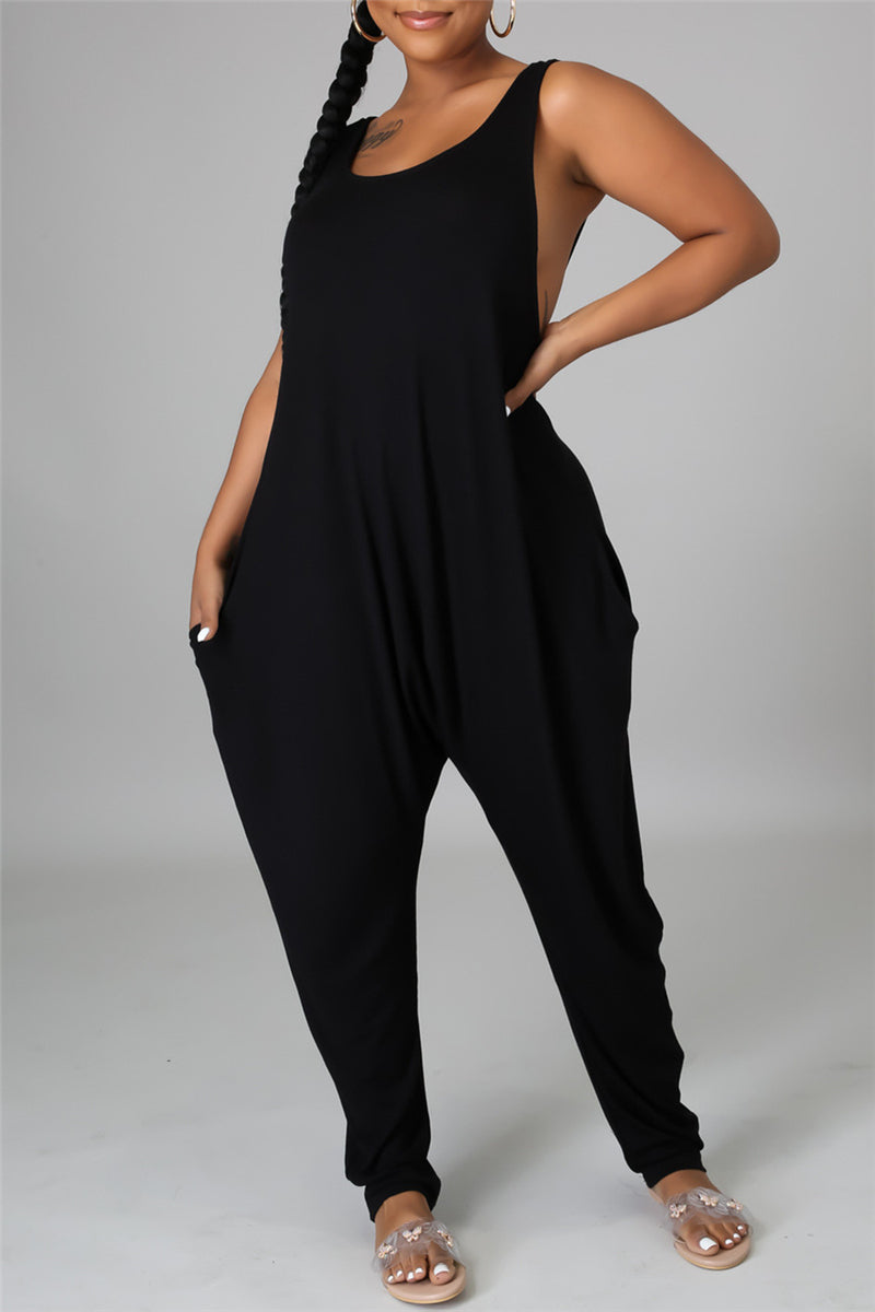Fashion Casual Solid Basic O Neck Loose Jumpsuits