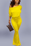 Fashion Casual Solid Color Bat Sleeve Yellow Jumpsuit