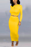 Casual Solid Color O Neck Long Sleeve Yellow Skirt Suit